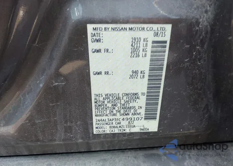 2015 Nissan Altima 2.5 Sv z USA, uszkodzony, nr VIN 1N4AL3AP3FC499107